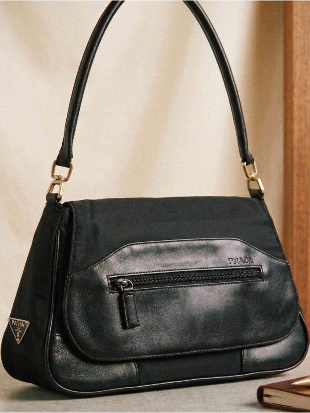Prada Vintage Tessuto Nylon & Leather Shoulder Bag with Two-Toned Hardware
